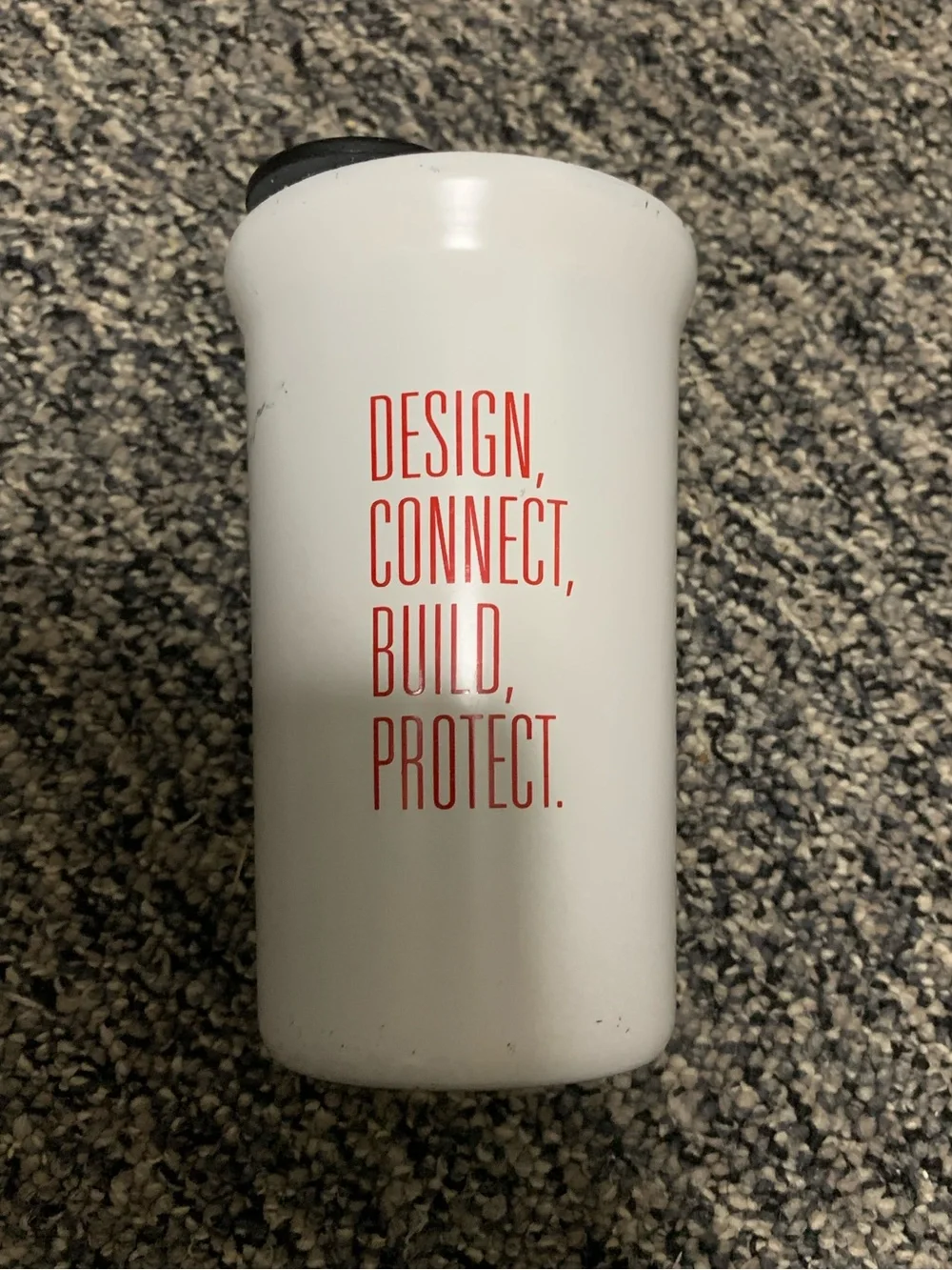 White Travel Tumbler with Red Text - Design, Connect, Build, Protect